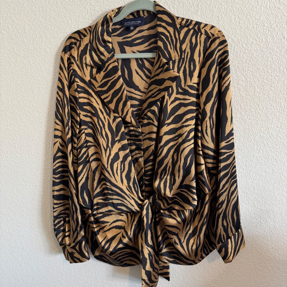 Jones New York Zebra Print Tie Front Blouse Tan Black 2X Plus Size Long Sleeve